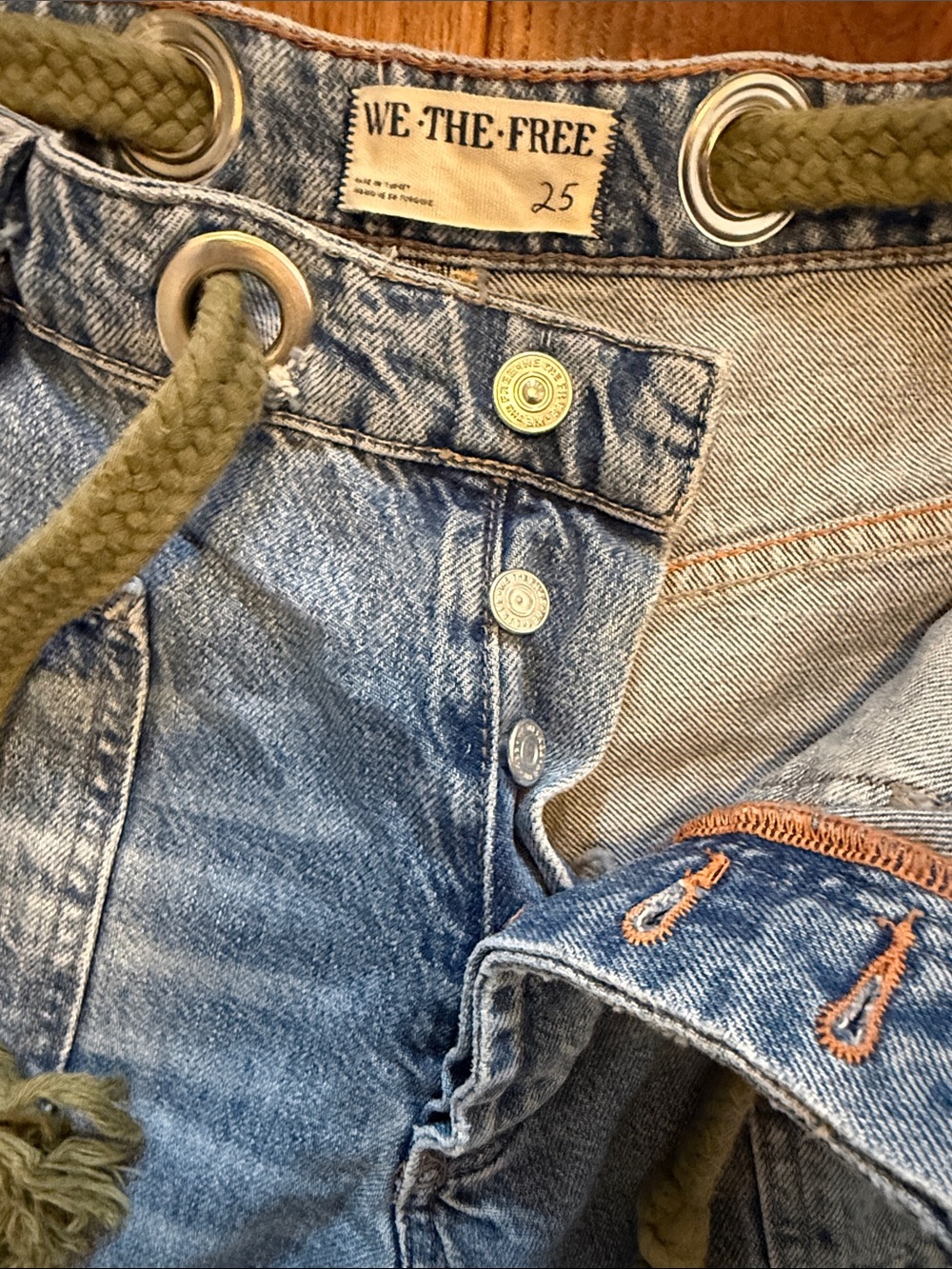 We The Free Light Wash Denim Jeans with Olive Rope Detail - Picture 3 of 10